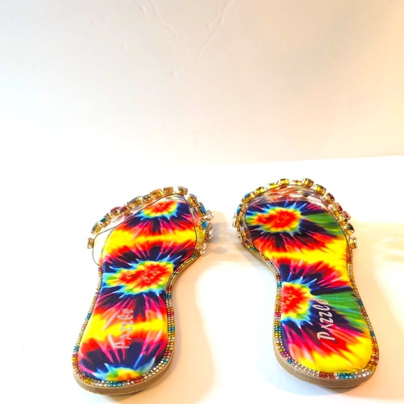 * Pazzle Colorful Tie Dye Rhinestone Trim Flat Sandals - Picture 8 of 8